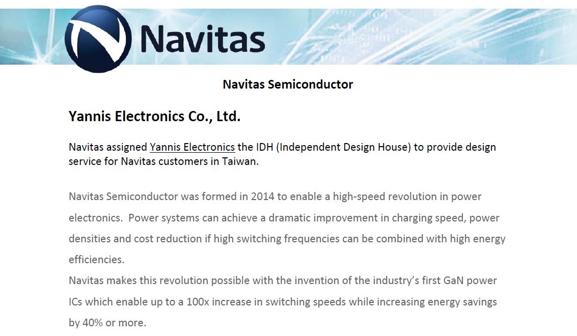 Navitas assigned Yannis Electronics the IDH