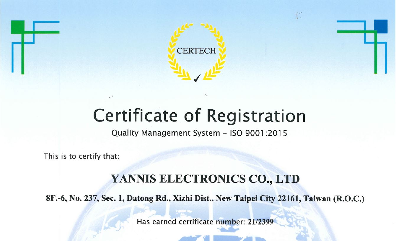 Yannis Electronics has attained ISO9001 Certificate