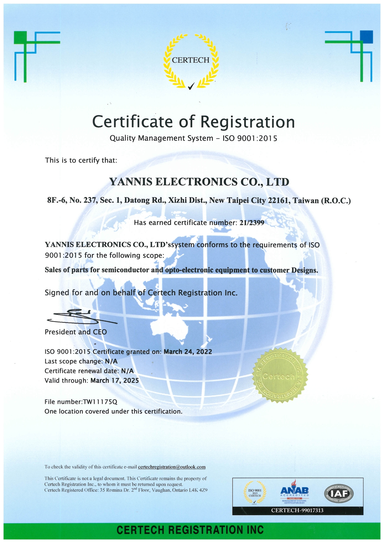 YANNIS CD43.2r05 Certificate 9001 2015 single site page 0001